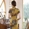 Mandarin Collar Short Sleeve Disc Buckles Smooth Lady Cheongsam Chinese Style Landscape Painting