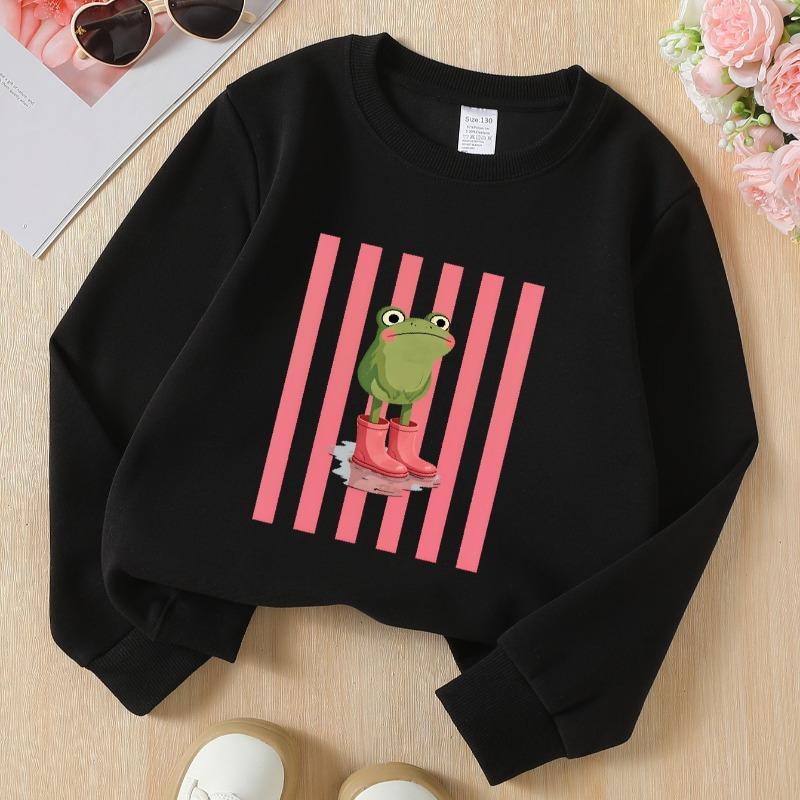 Kids Crewneck Sweatshirt, Frog in Pink Boots & Striped Background Print, Soft Casual Pullover for Fall Winter
