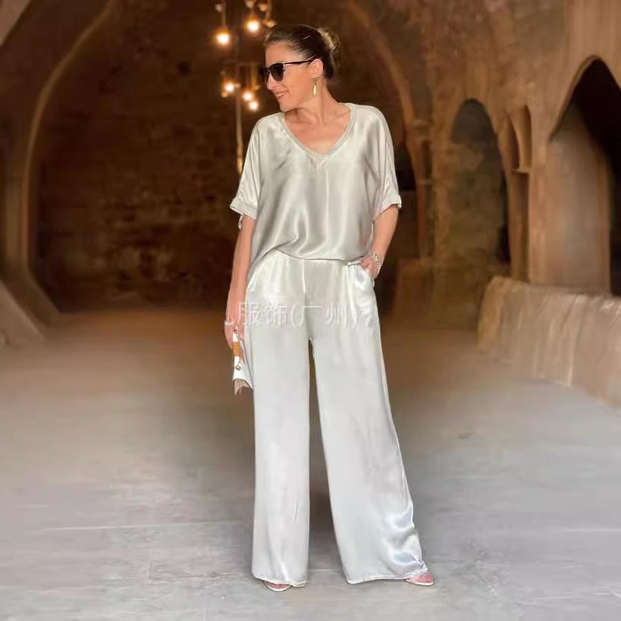Women's Two Piece Set Pants Spring/Autumn Satin Loose V-Neck Casual Top Wide Leg Pants Fashion Set