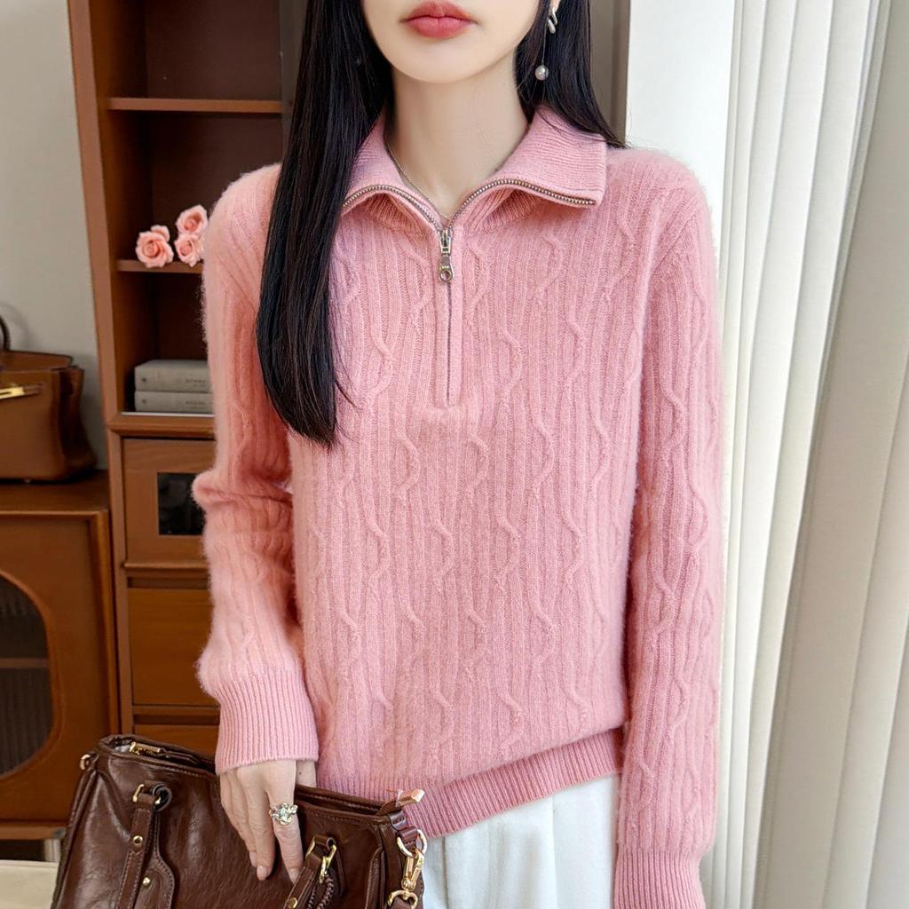 Women's Thick Wool Lapel Sweater: Autumn Winter, Half-Zip, Cable Knit, Long Sleeve Base Layer
