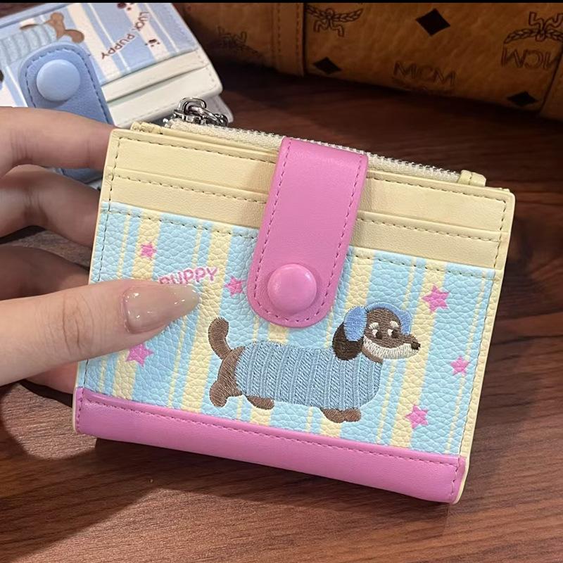 Kawaii Dachshund Embroidery Coin Bag Cute Cartoon Pu Leather Wallet Ins Style Card Bag Small Money Change Pouch Gifts