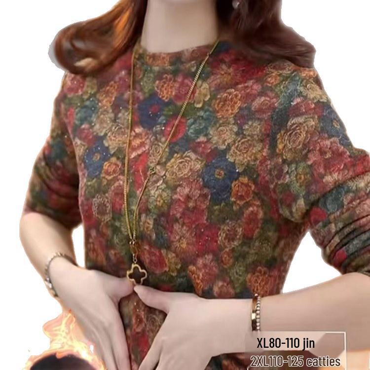 Elegant Age-Reducing Printed Long Sleeve Velvet Top - Slim Fit for Autumn/Winter
