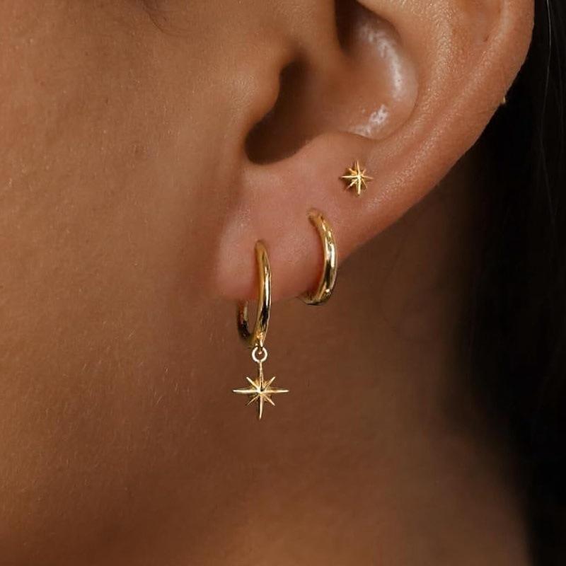 

3pcs Set Personality Gold Color Stainless Steel Star Sun Zircon Stud Earrings for Women Luxury Trendy Summer Jewelry Set Gift