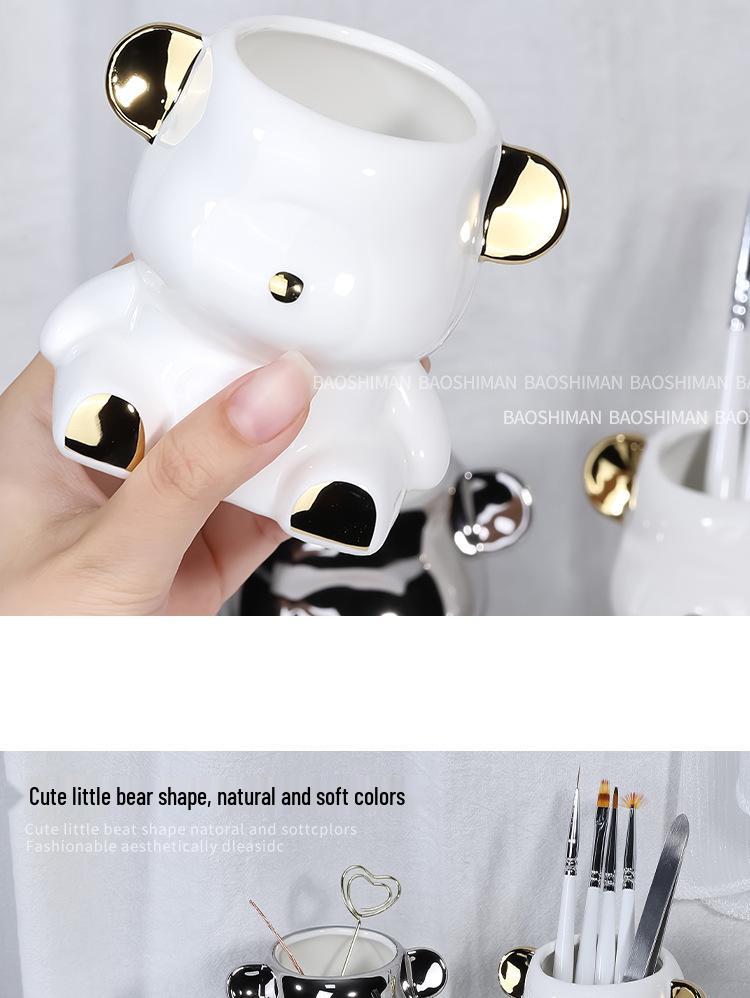 Trendy Bear Pen & Brush Holder with Sandpaper Storage for Manicure Tools – Desktop Organizer & Photo Prop