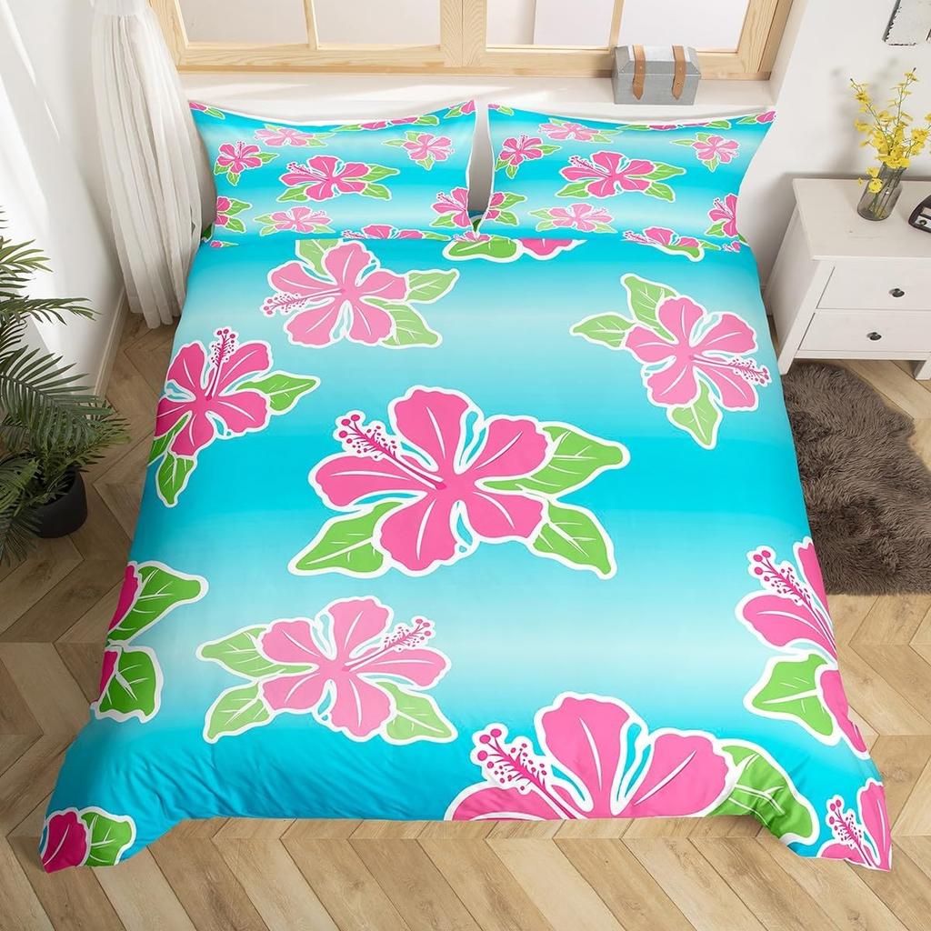 Hibiscus Duvet Cover Twin Colorful Rose Of Sharon Bedding Set,Botanical Floral Comforter Cover Tropical Palm Leaves Quilt Cover