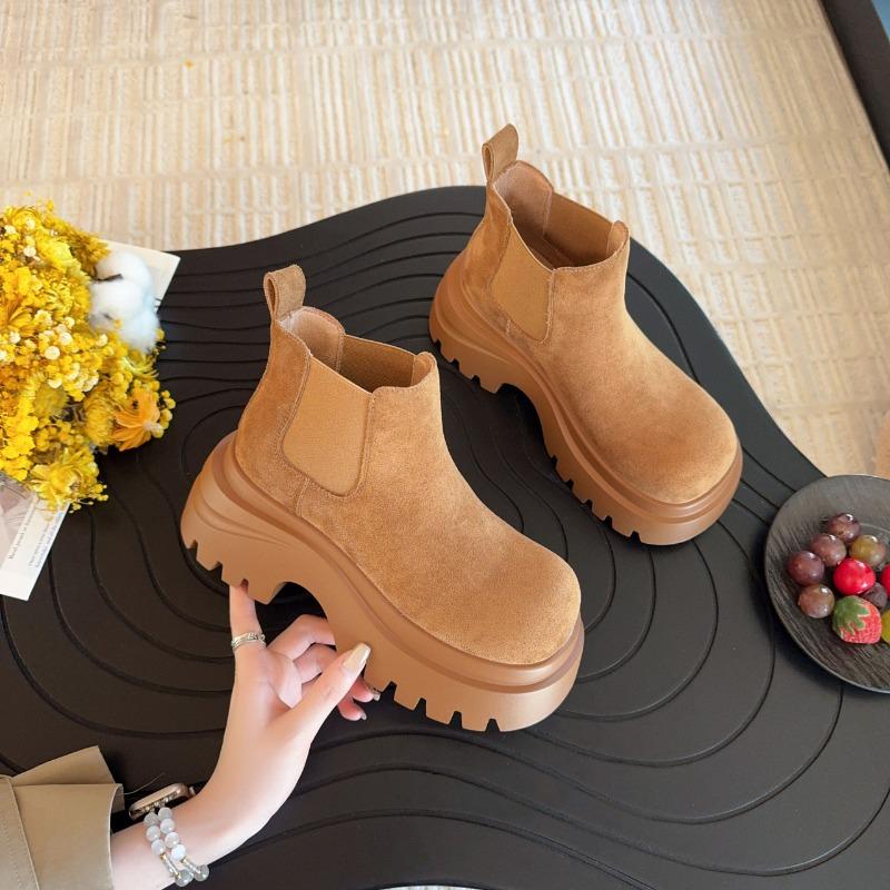 New platform-soled fashion boots women's shoes round head medium boots frosted leather fashion boots thick heel thin Martin boots