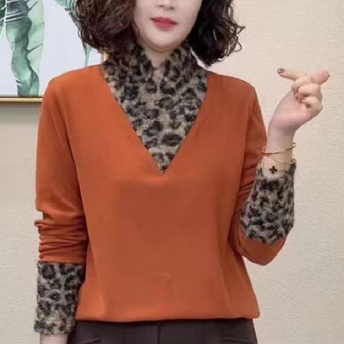 

Leopard Print High Neck Long Sleeve Slimming Patchwork Top for Moms 3XL помаранчевий