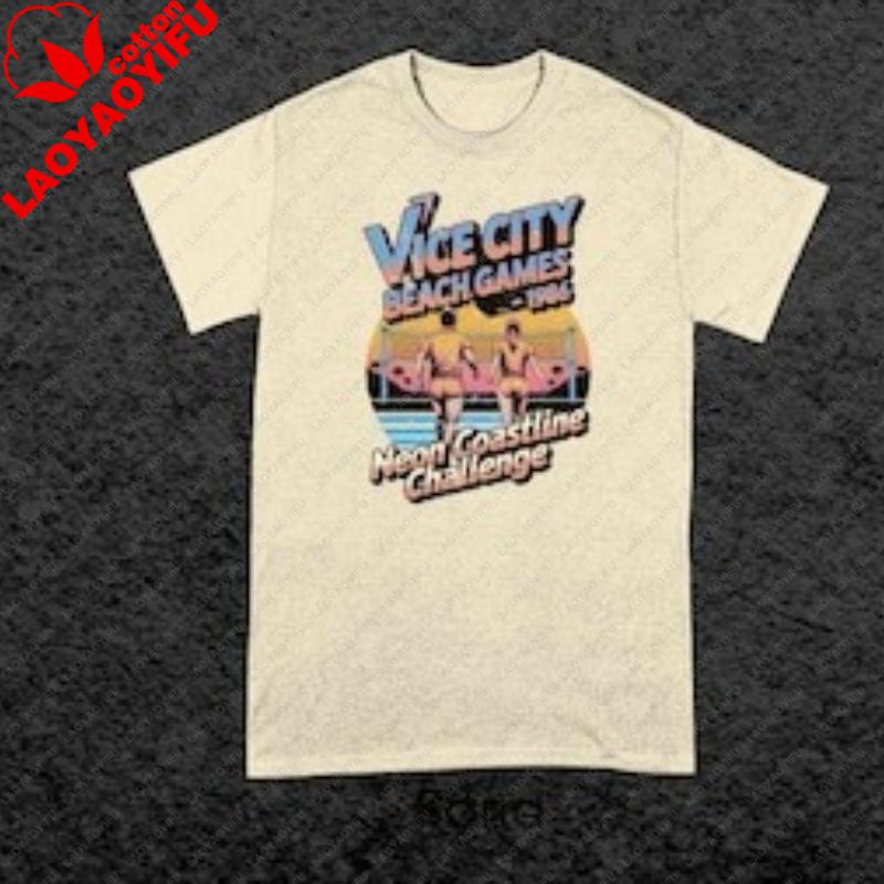 Vice City Games 1986 Neon Coastline Challengeretro Beach Crewneck Casual Tshirt 80s Summer Volleyball Unisex Graphic Tshirt