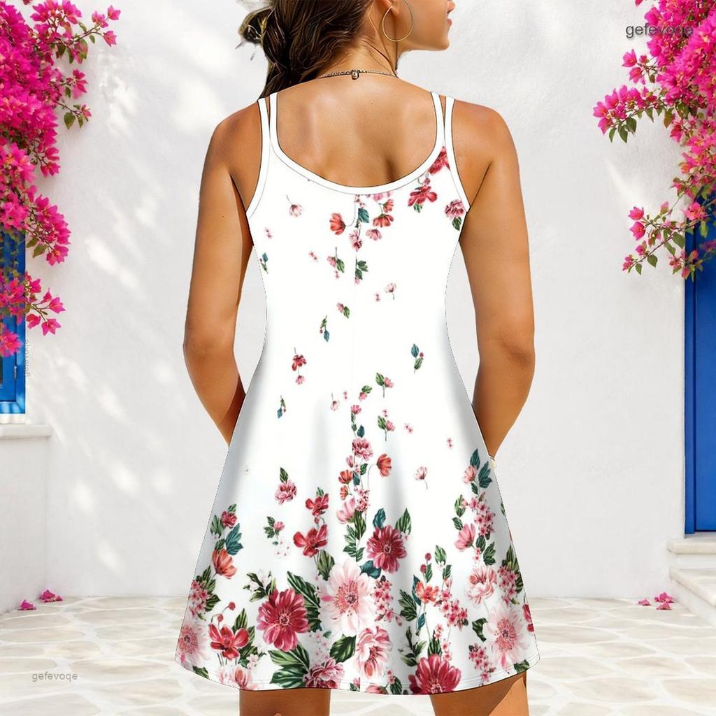 Women Plus Size V Neck Double Straps Sleeveless Color Block Printed Curved Hem Mini Dress