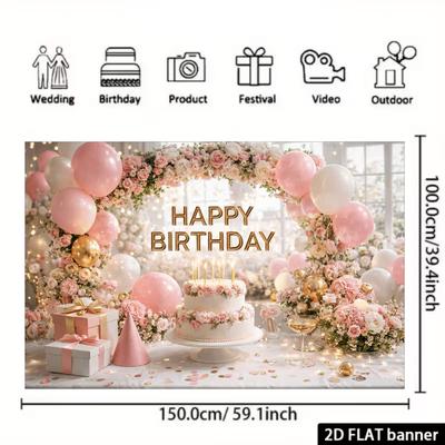 2D Happy Birthday Backdrop Pink Flower Cake Table Background Banner for Girls Party