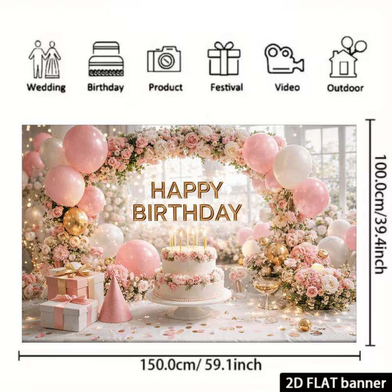

2D Happy Birthday Backdrop Pink Flower Cake Table Background Banner for Girls Party 47.2x31.5inch/120*80cm