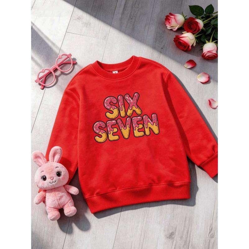 Birthday Kids Sweatshirt Over 4Y Unisex Boys Girls SIX SEVEN Ice Cream Waffle Sprinkles Graphic Gray Crewneck Soft Fleece Pullover For 4-12 Children