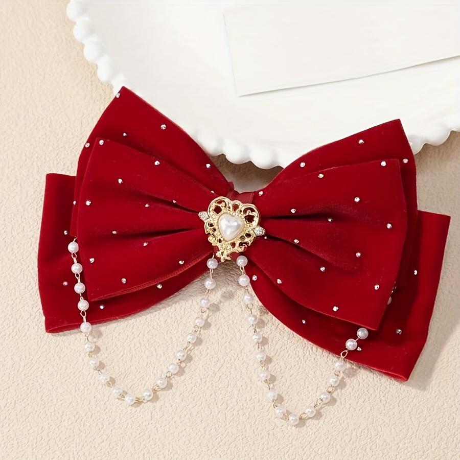 Elegante Samt-Fliege Haarspange mit Kristall und Imitationsperlen, Niedliches einfarbiges Quasten-Haaraccessoire, Perfektes Valentinstagsgeschenk für Mädchen