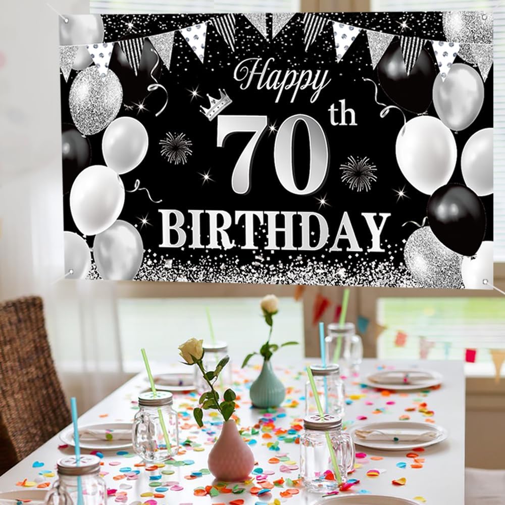 70 Birthday decoration for men and women 70 Happy Birthday Banner Large Black silver Birthday Background Banner 70 Week Commemorative Birthday Party