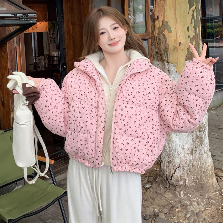 Loose-Fit Winter Coat with Floral Prints - Thickened and Warm Cotton Jacket for Women