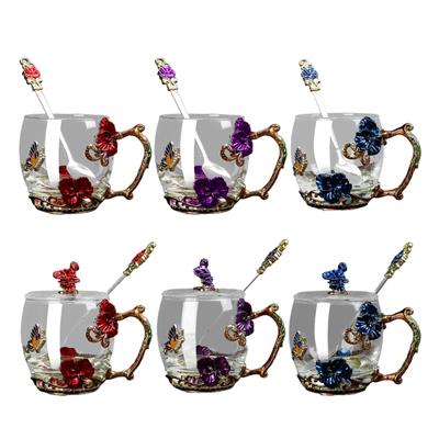 Enamel Glass Cup Set Pattern Glass Cup with Spoon Enamel Cup Milk Lemon Flower Butterflies Cup