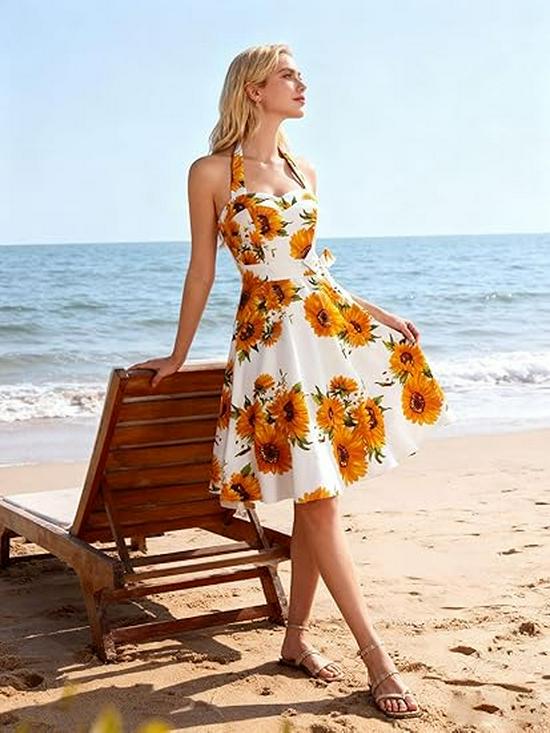 2026 Women's Summer Backless Halter Dress with Retro Print