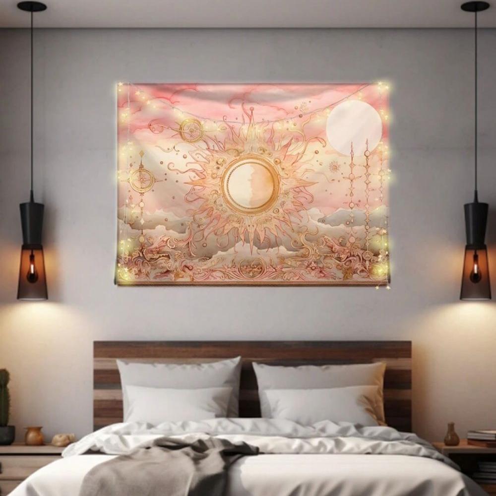 VIKAMA Pink Gold Sun God Tapestry Dreamy Moon Star Cloud Universe Energy Wall Hanging for Bedroom Living Room Decor