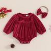 Newborn Baby Girls Romper Christmas Clothes Solid Color Round Neck Long Sleeve Velvet Jumpsuits with Headband Xmas Outfits