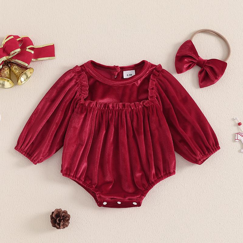 Newborn Baby Girls Romper Christmas Clothes Solid Color Round Neck Long Sleeve Velvet Jumpsuits with Headband Xmas Outfits