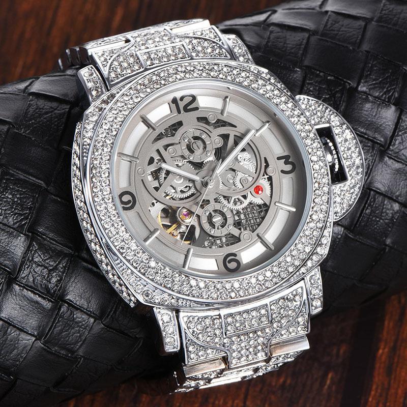 

Fashion hip-hop full diamond watch heavy industry luminous full zirconium hollow bottom large dial mechanical watch digital men s watch срібні білого кольору