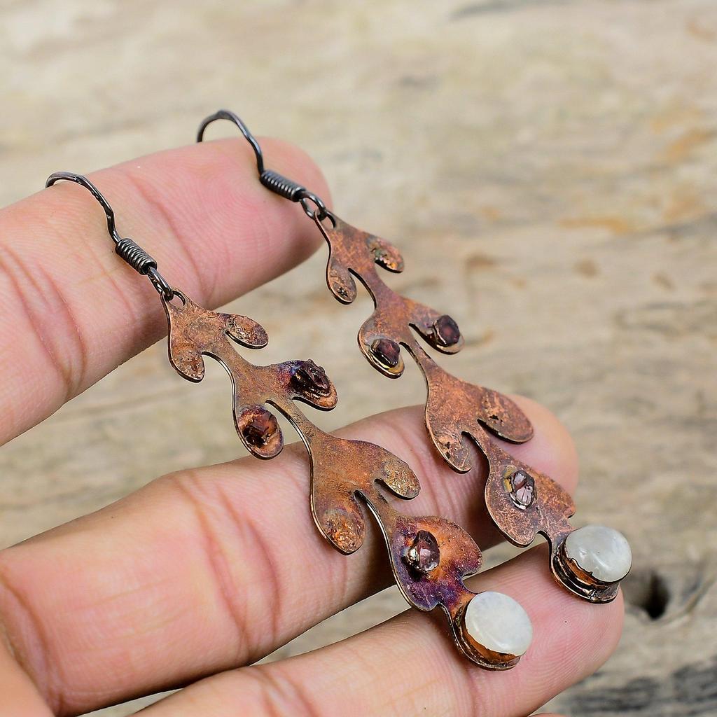 Rainbow Moonstone Earrings Electroformed Copper Earrings Pink Tourmaline Rough Earring Real Gemstone Jewelry Gift For Women Handmade Earring