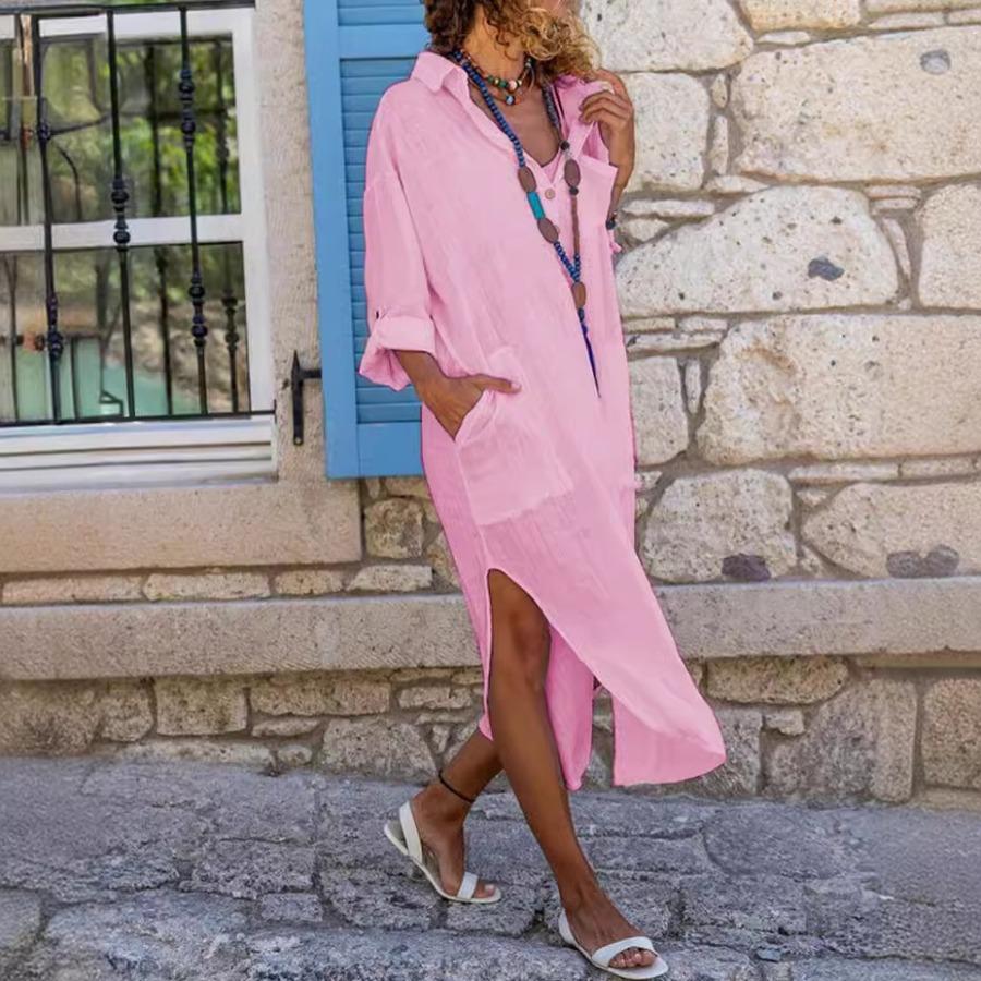 Rochie ocazională cu mâneci lungi și decolteu în V pentru femei, de culoare uni, rochie lungă, lungă, cămașă din bumbac, cu buzunar