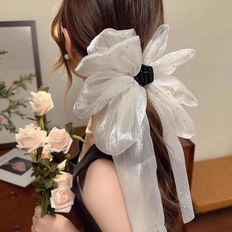 Korean Style Fashion Large Bow Ribbon Hair Claw Super Fairy Temperament Glitter Rhinestone Hair Clip Girl Sweet Hair Accessories
