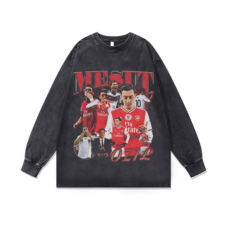 2. American Retro Hip-Hop Star Print Base Top Men'S And Women'S Autumn Washed Crew Neck Long Sleeve T-Shirt