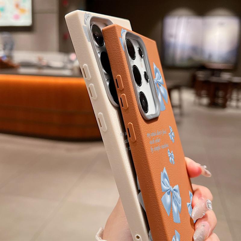 Bowknot Print Leather Texture Slim Matte Case For Samsung S25 Ultra S24 FE S23 A16 A56 A55 A36 A15 A35 Lanyard Rope Shockproof TPU Soft Phone Cover
