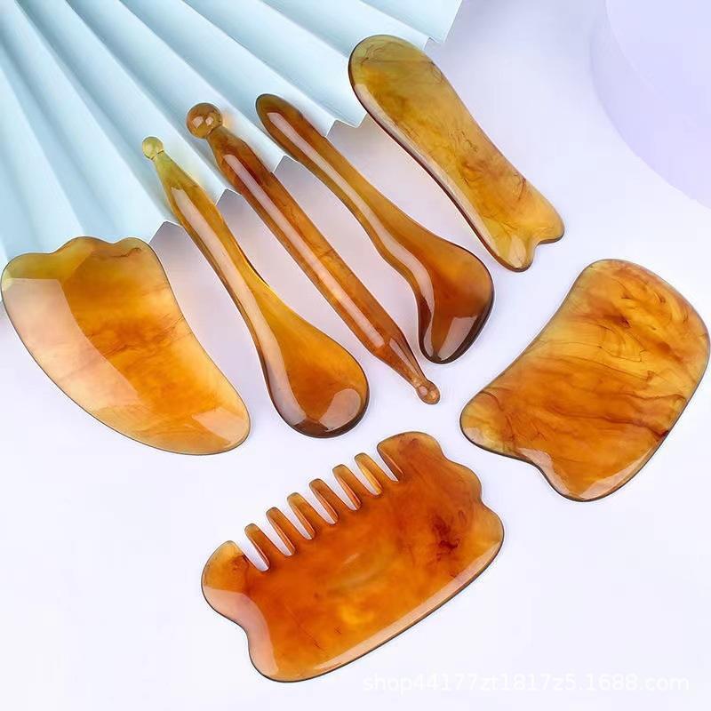 7 Stück Bernsteinfarbene Guasha Massagegeräte Gesicht Körpermassage Schönheitswerkzeug Spa Hautpflege Nackenschmerzen Linderung Schaber Schaben Massagebrett