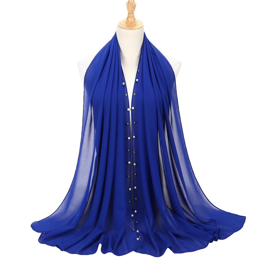 Women's Solid Chiffon Pearl Scarf, Elegant Beaded Hijab Shawl, Muslim Headscarf for Daily/Party