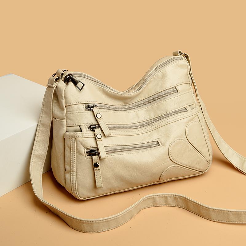 Borsa a tracolla multistrato in morbida pelle tinta unita da donna, grande capacità, borsa da viaggio multifunzionale sottobraccio
