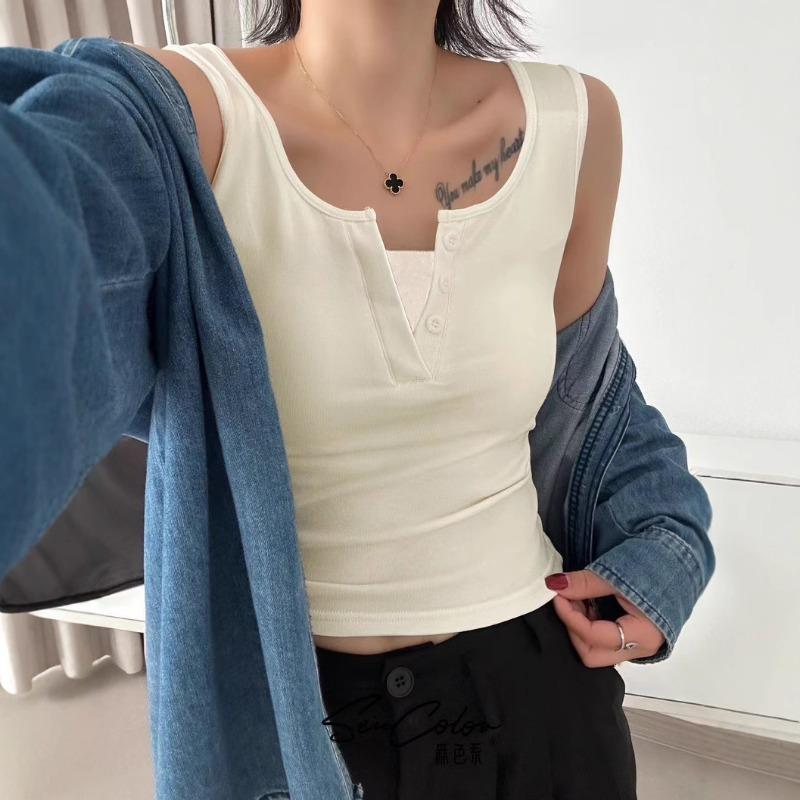 Simple Fashion Integrated Round Neck Fake Two Wide Shoulder Back Heart Female Slimming Thread Matching Sleeveless