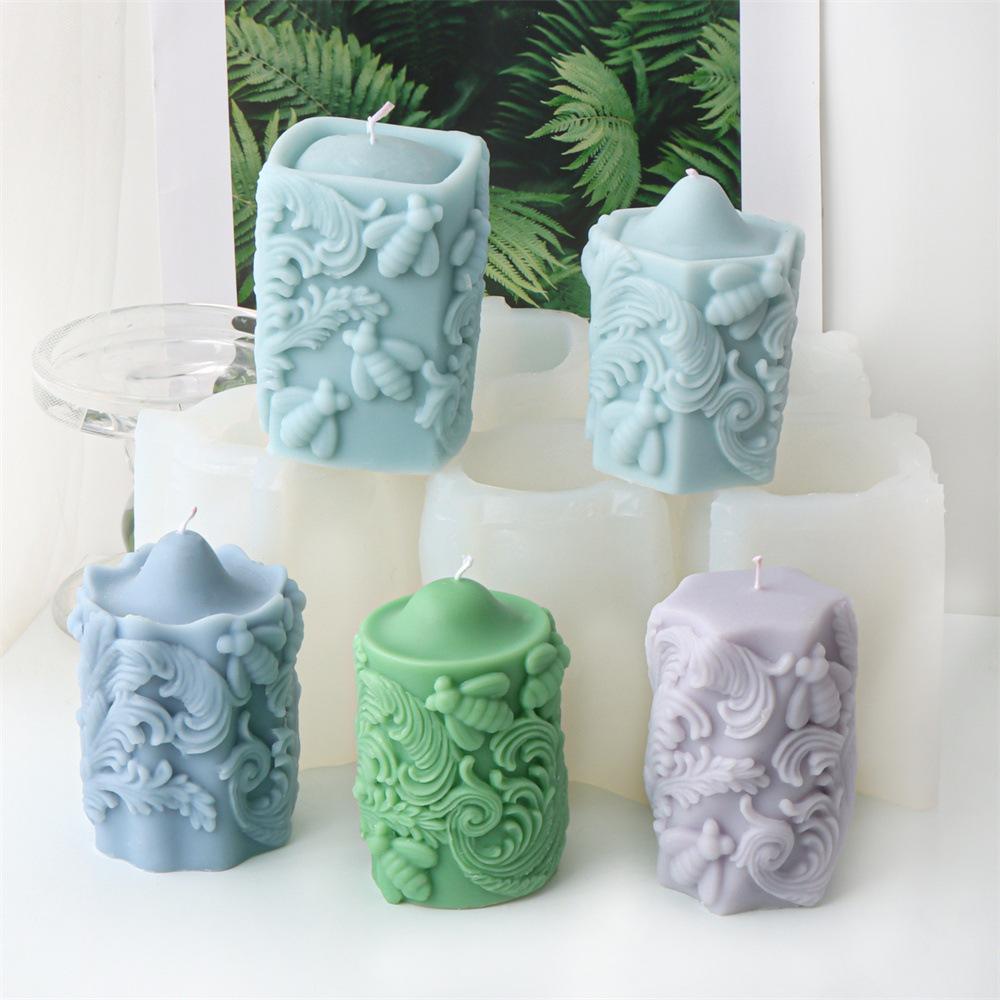 3D Retro Totem Relief Bee Honeycomb Candle Silicone Mold Cylindrical Square Column Pattern Cylindrical Candle Mould Gypsum Molds