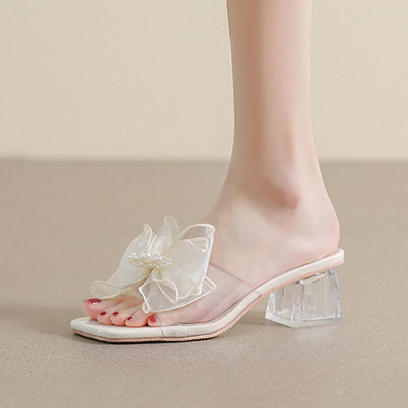 Fashion 2025 Women Clear PVC Heel Slippers Lace Bow Shoes Ladies Slip On Sliders Med-High Heeled Sandals Femme Wedges Open Toe Flipflops