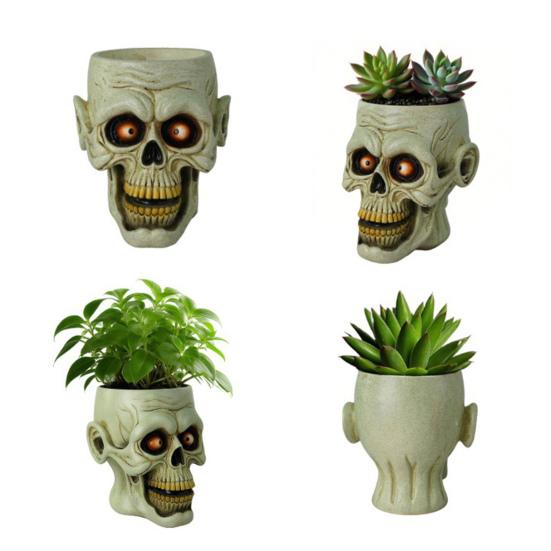 Skull Flower Pot Resin Human Skull Planter Halloween Candy Bowl Gothic Plant Pot for Succulents Home Office Desk Decoration