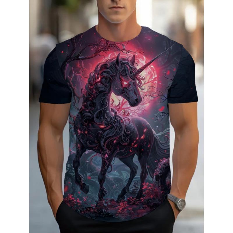 

Men s 3D Unicorn & Glowing Stars T-Shirt - Full-Body Black & Golden Print, S S