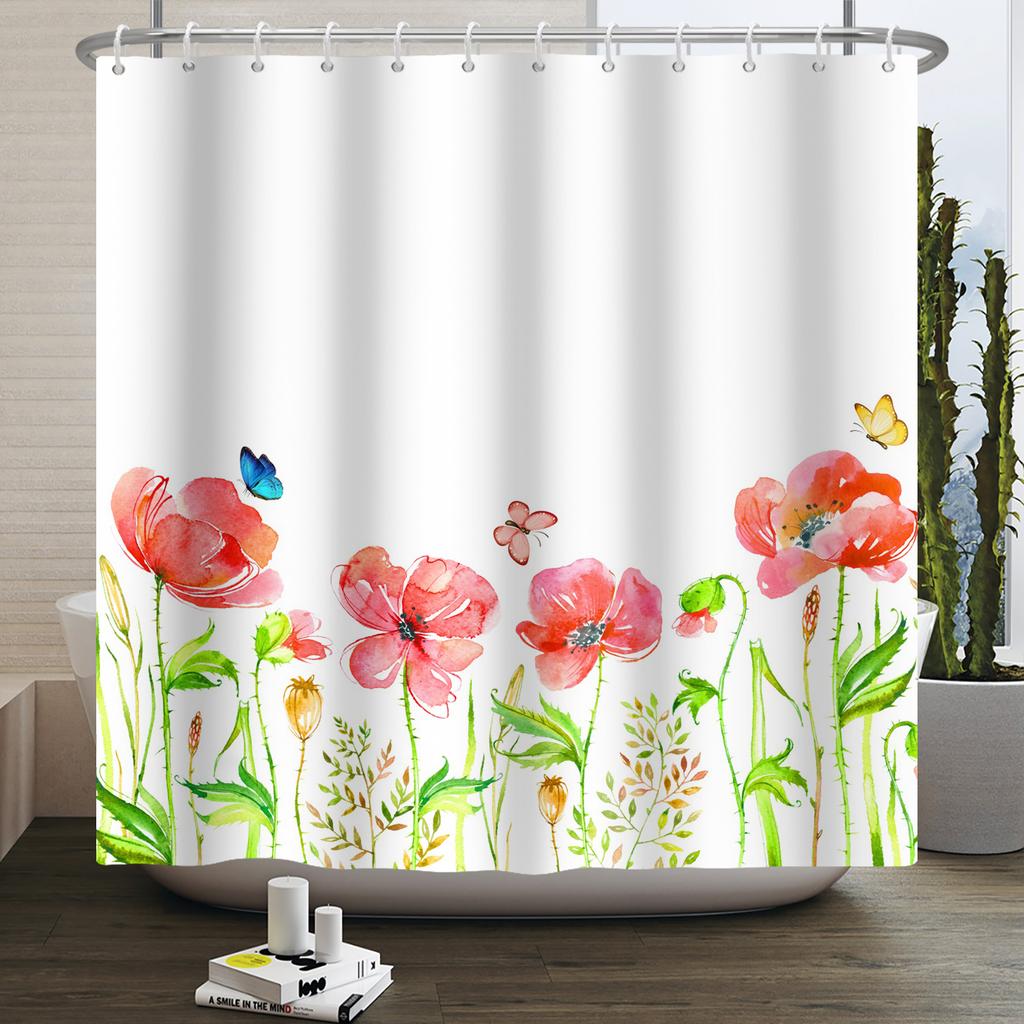 Floral Shower Curtain Flower Butterfly Waterproof Polyester Bathroom Curtain With Hooks Bathtub Screen