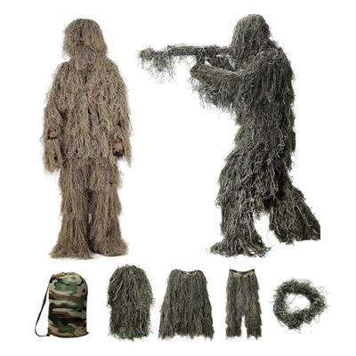 5Pcs/Set Ghillie Suit with Jacket Pants Hood Garland Carry Bag 3D Camouflage Hunting Apparel Youth Adults Woodland Clothes
