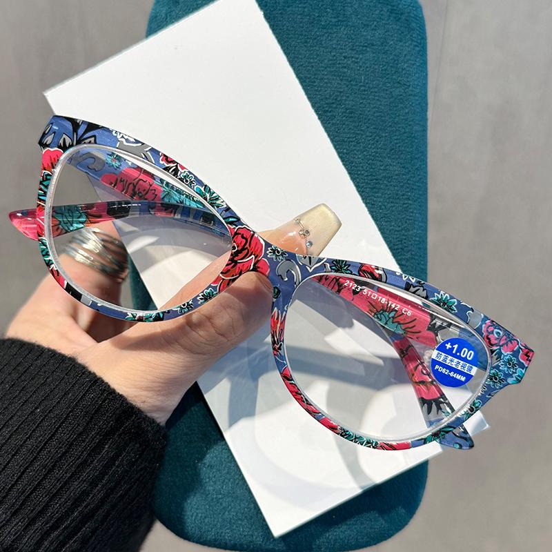 Women'S Ins Style Fashion Cat-Eye Presbyopia Glasses Classic Floral-Print Frame Anti Blue Light Reading Glasse Diopter 0 To +4.0