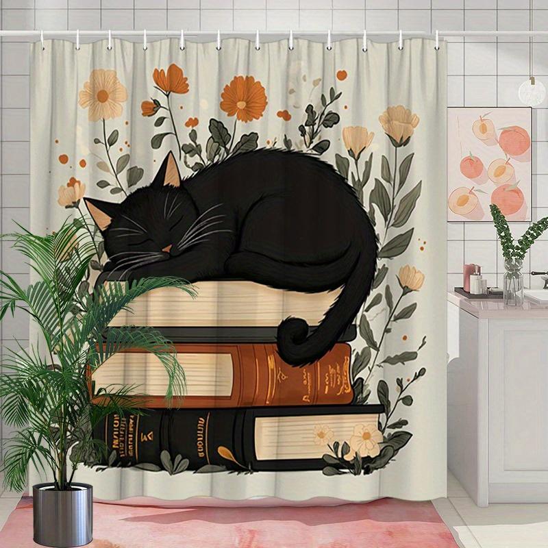 Elegant Black Cat On Books Shower Curtain - Water-Resistant, Easy To Clean, Adds A Sophisticated And Cozy Touch To Your