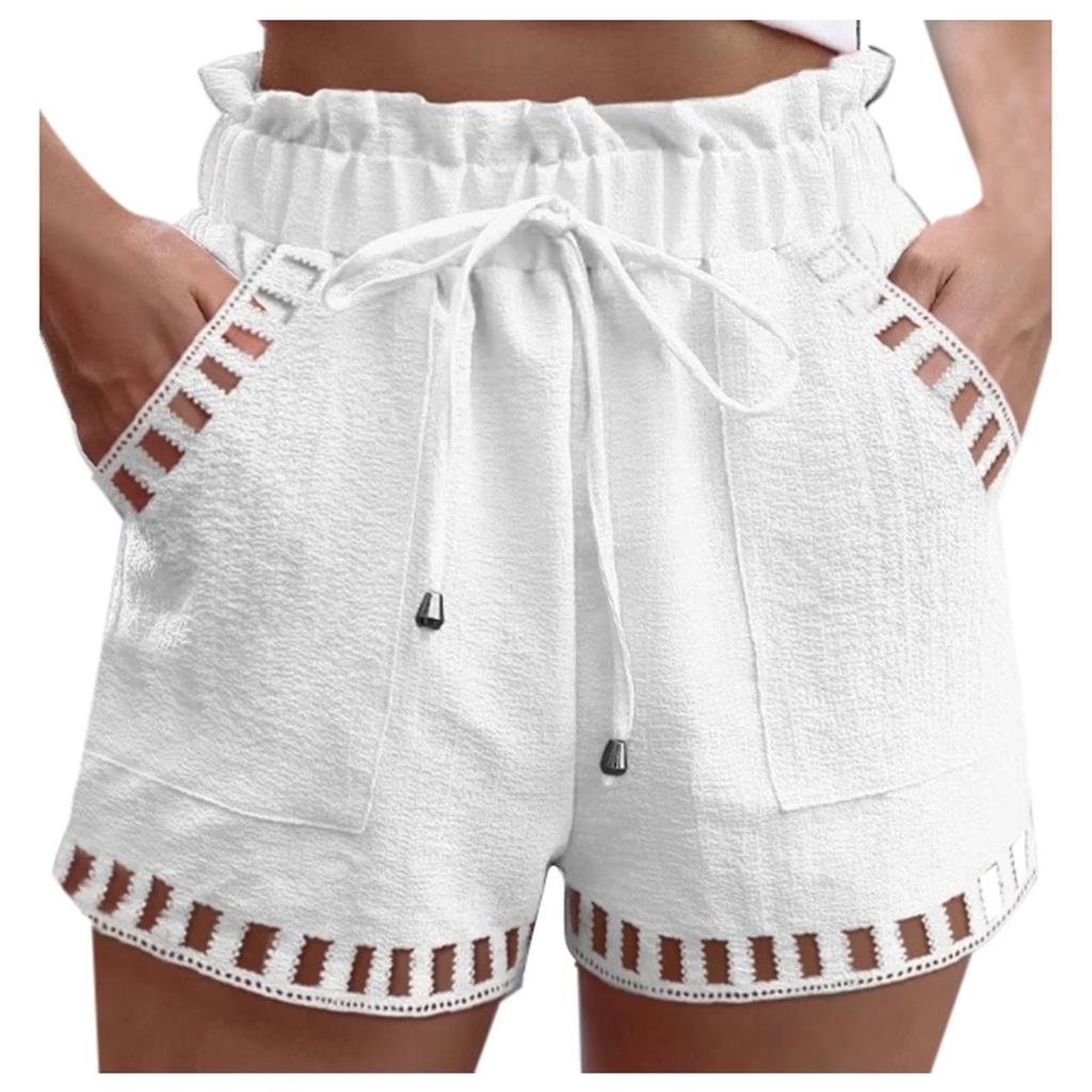 Cotton Linen Shorts Women's Pants Solid Color Thin Hollow Out Design Trim Pocket Tight Waist Shorts Beachwear White Clothes