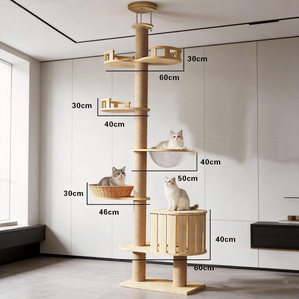 Large Solid Wood Sisal Cat Tree with Integrated Scratching Board & Climbing Platform