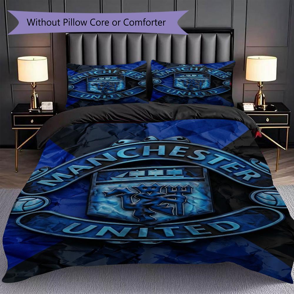 Manchester Emblem Three-piece set (1 * duvet cover + 2 * pillowcase, without core) 2D Flat Duvet cover and pillowcase Bedding set Soft and comfortable