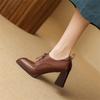 Fashion New Spring Genuine Leather Women Shoes French Retro Square Toe Lace Women Pumps High Heels Loafers Shoes for Women Ladies Shoes