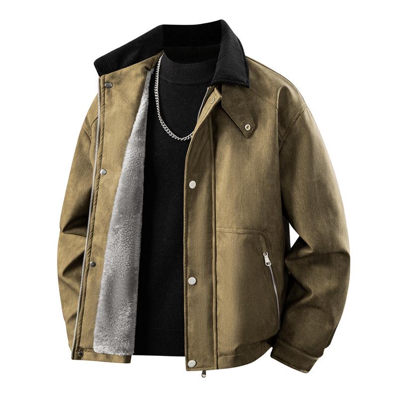 Di Yu Shen Long Men's Trendy Winter Loose Color Block Fleece-Lined Leather Jacket