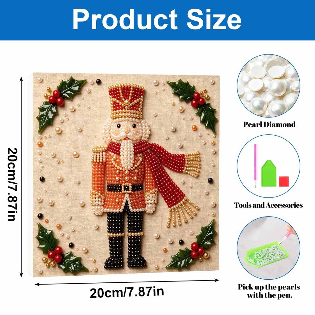 Framed Pearl Art DIY Kit with Christmas Nutcracker Holly Pattern 3D Sparkling Bead Canvas Painting Handmade Gift for Home Decoration Wall Decor