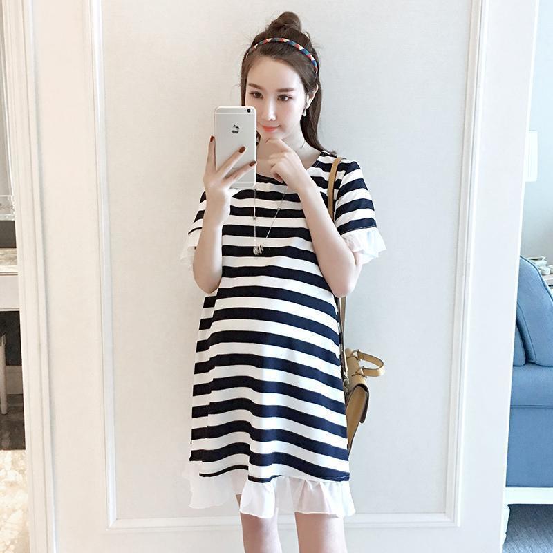 Maternity A-Line Striped Summer Dress: Loose, Short-Sleeved, Mid-Length, Plus Size