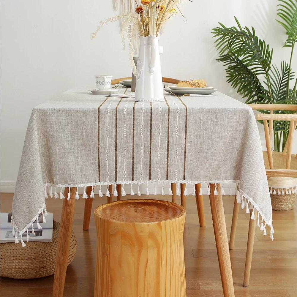 Battilo Linen Tablecloth Rectangular Tables Cloth With Tassel Waterproof Coffee Desks Cover for Dining Table Wedding Decor